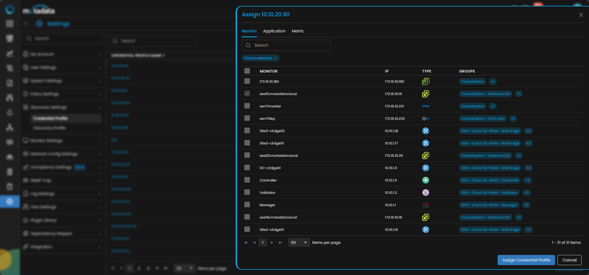 Assign Credential Profile popup showing a list of monitors with checkboxes